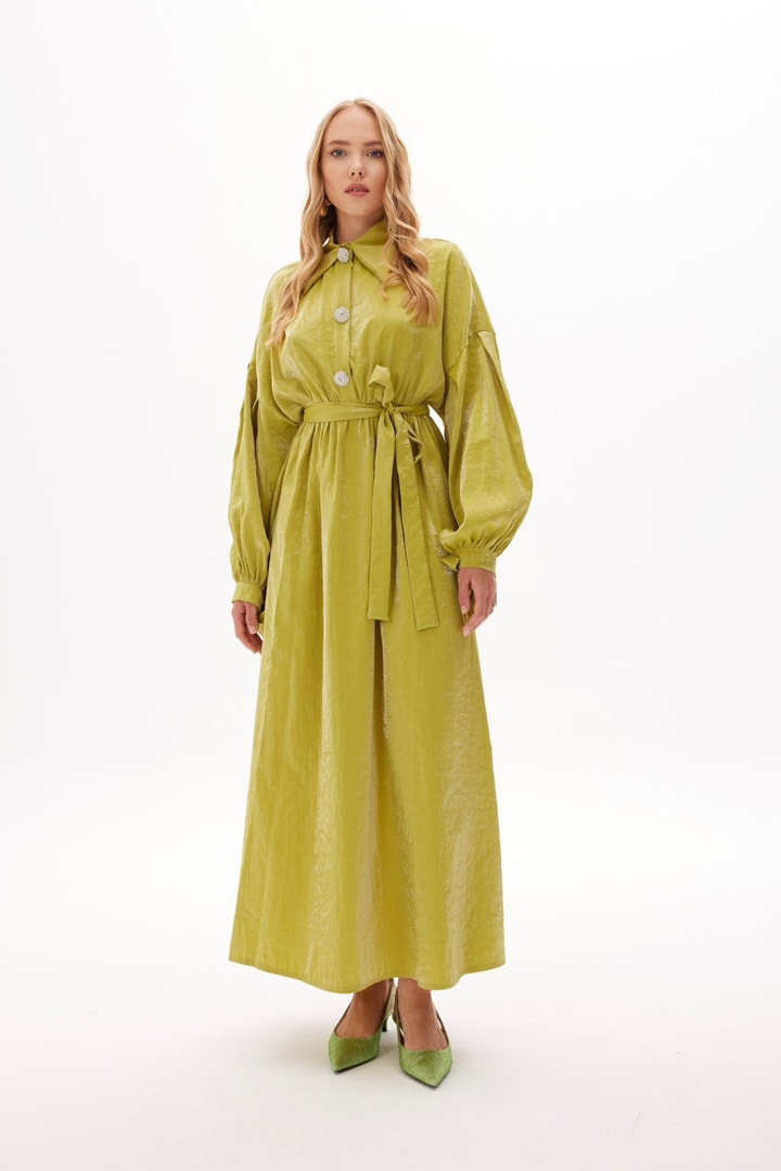 Lady Taş Detaylı Elbise - Yağ Yeşili