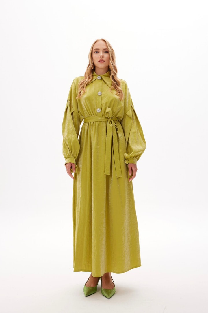Lady Taş Detaylı Elbise - Yağ Yeşili