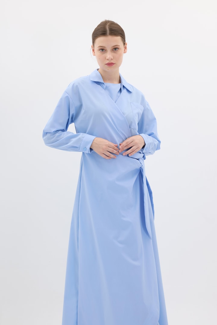Lai Belden Bağlamalı Poplin Elbise - bebe mavisi