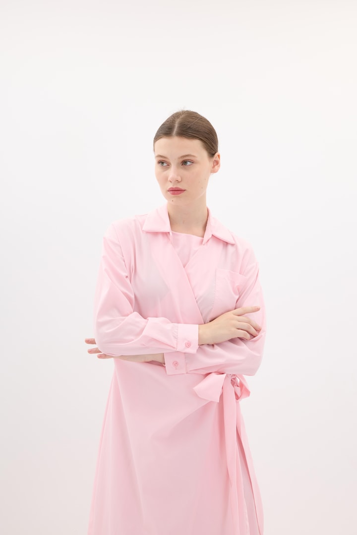Lai Belden Bağlamalı Poplin Elbise - Pembe