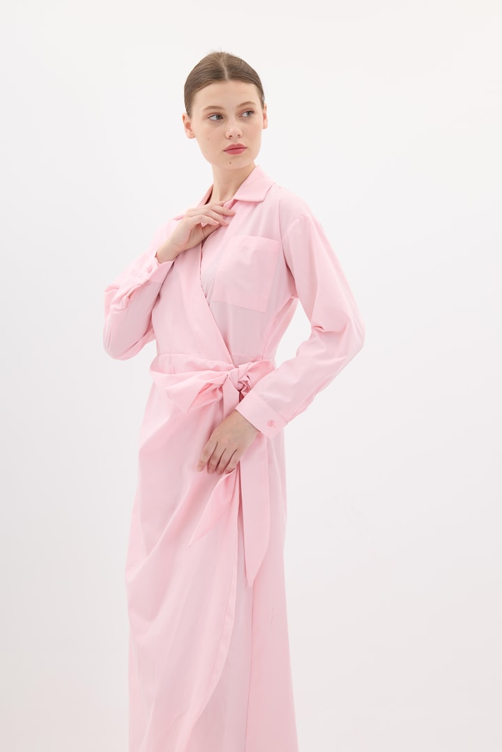 Lai Belden Bağlamalı Poplin Elbise - Pembe