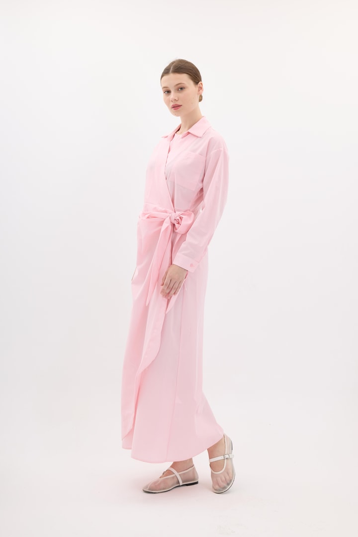 Lai Belden Bağlamalı Poplin Elbise - Pembe