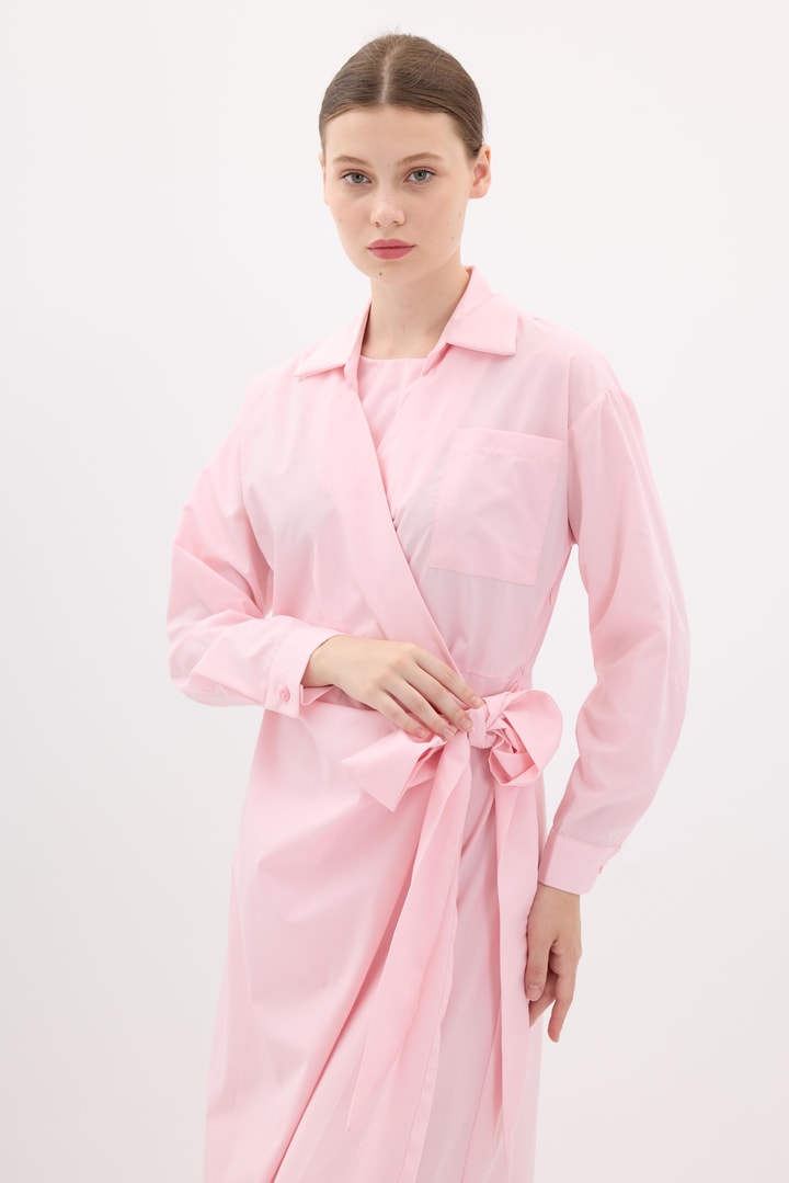 Lai Belden Bağlamalı Poplin Elbise - Pembe