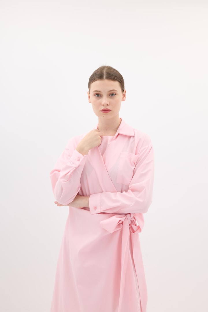 Lai Belden Bağlamalı Poplin Elbise - Pembe