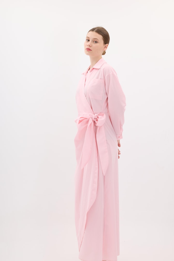 Lai Belden Bağlamalı Poplin Elbise - Pembe