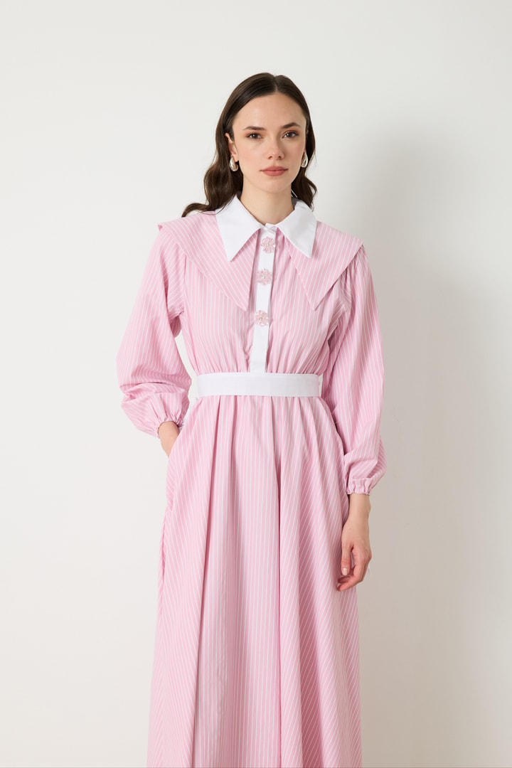 Lana Yaka Patlı Çizgili Elbise - Pembe