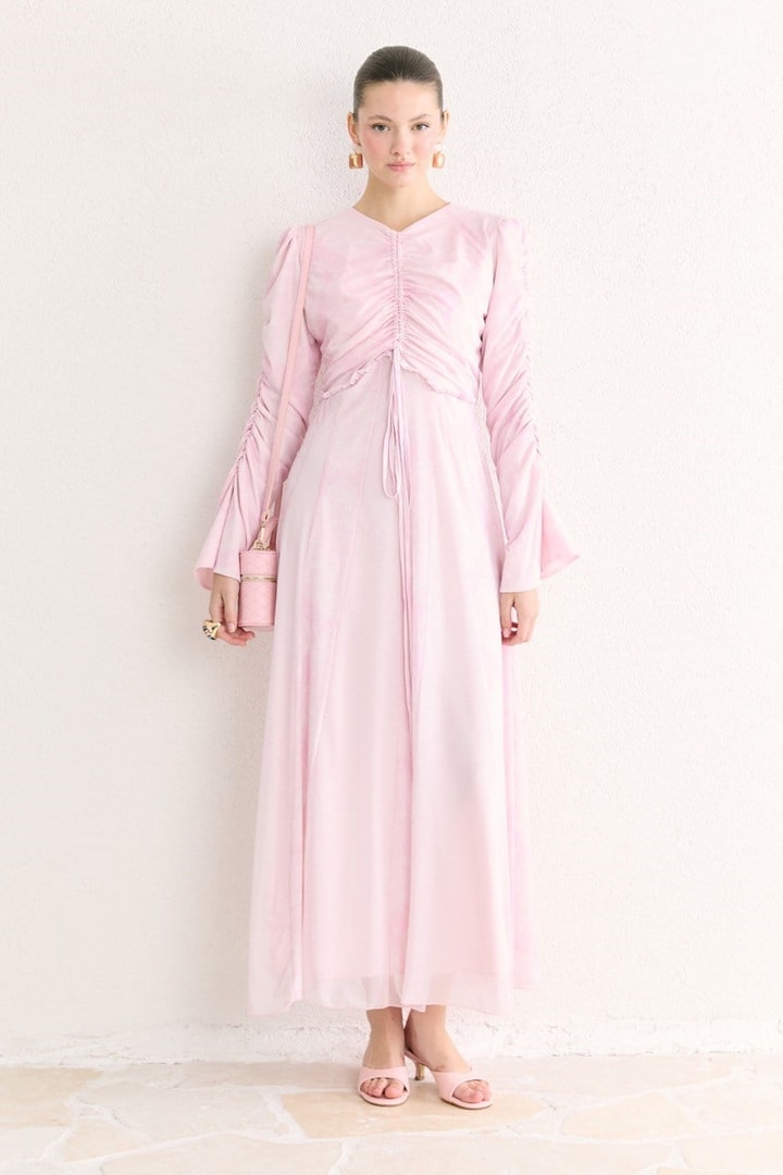 Lara Desenli Baskılı Tül Şifon Elbise - Pembe
