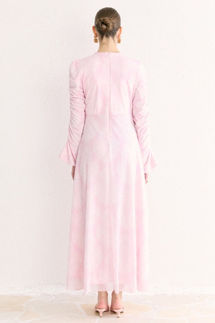Lara Desenli Baskılı Tül Şifon Elbise - Pembe