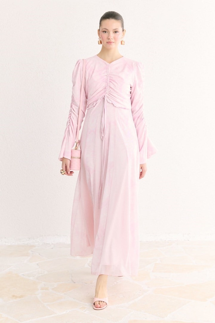 Lara Desenli Baskılı Tül Şifon Elbise - Pembe