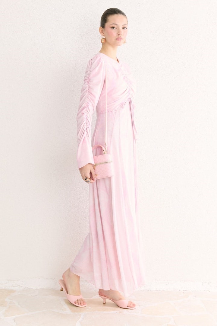 Lara Desenli Baskılı Tül Şifon Elbise - Pembe