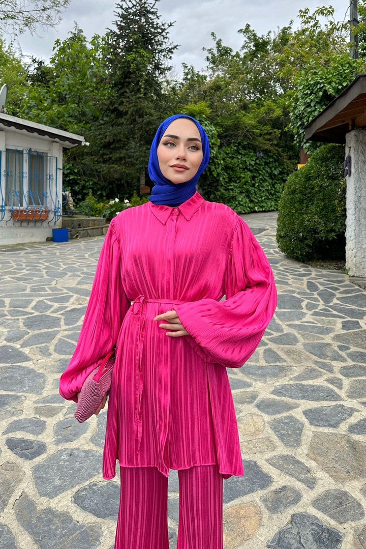 Laris Fitilli Saten Takım - Fuşya