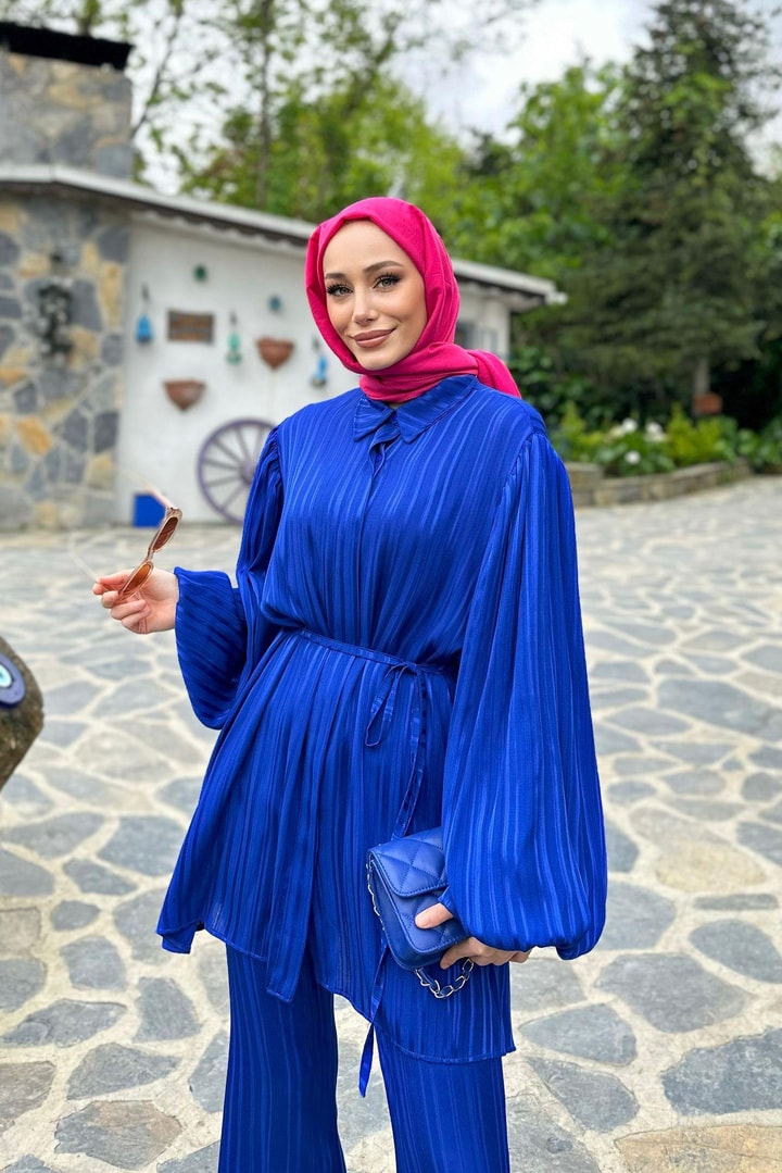 Laris Fitilli Saten Takım - saks mavisi