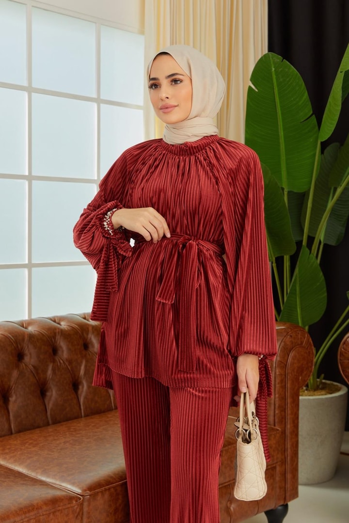 Lavi Kolu İncili Kadife Takım - Bordo
