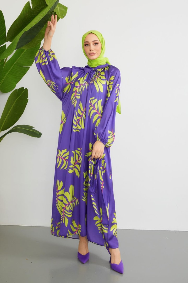 Laysa Desenli Saten Elbise - Mor