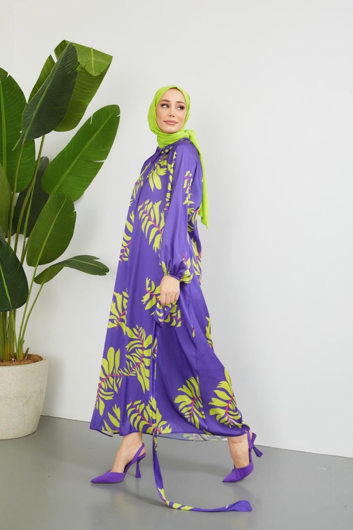 Laysa Desenli Saten Elbise - Mor
