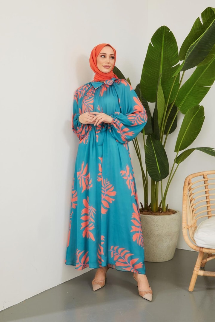 Laysa Desenli Saten Elbise - Petrol