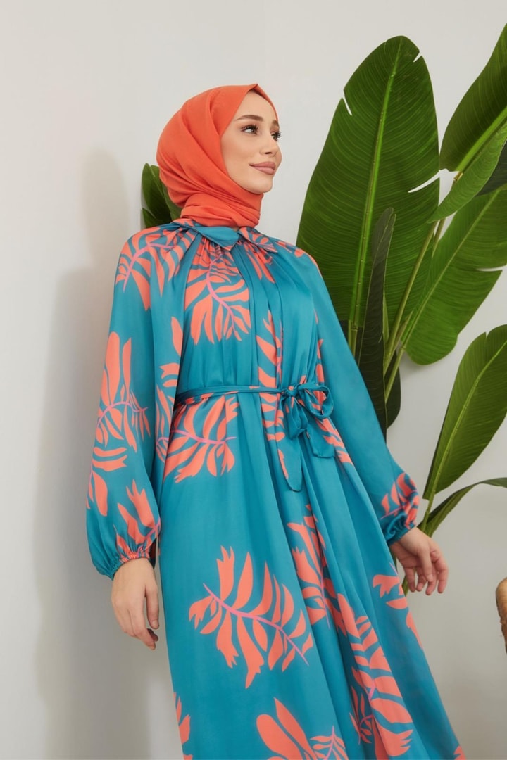 Laysa Desenli Saten Elbise - Petrol