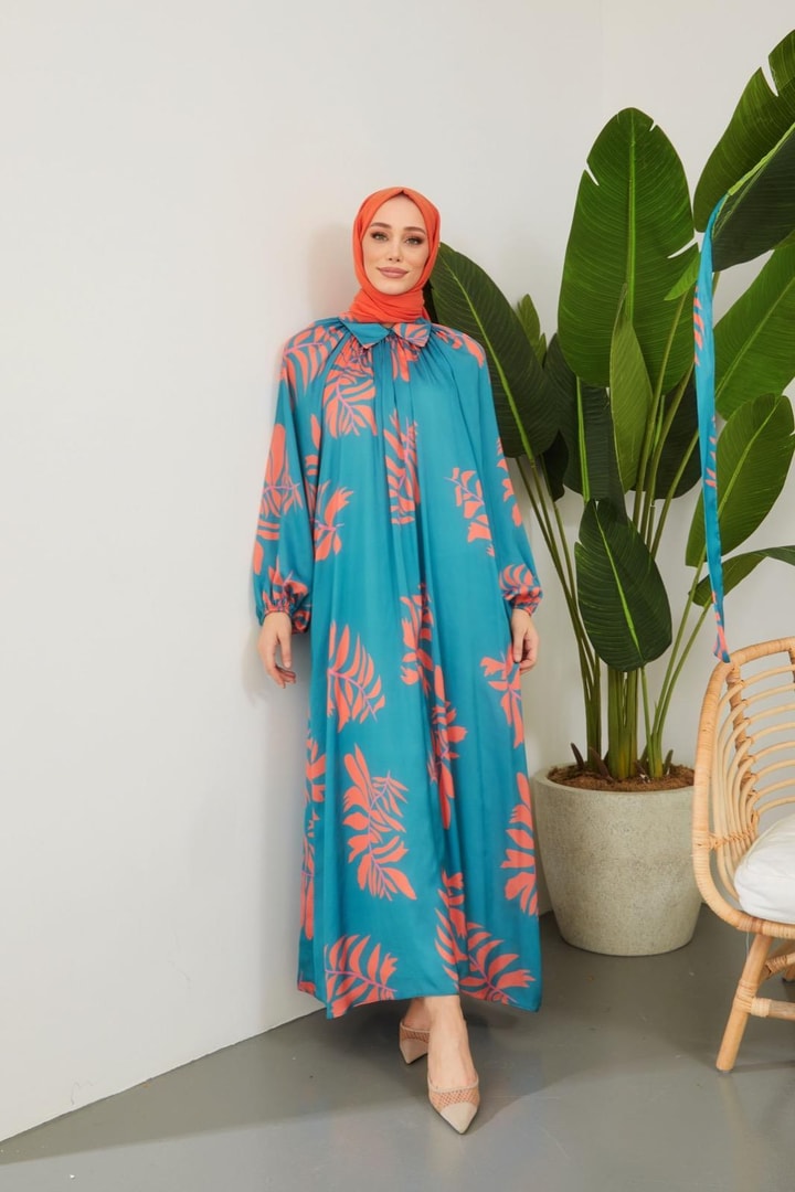 Laysa Desenli Saten Elbise - Petrol