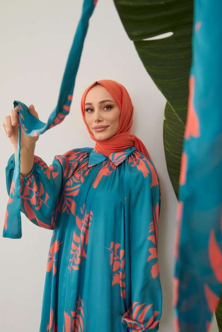 Laysa Desenli Saten Elbise - Petrol