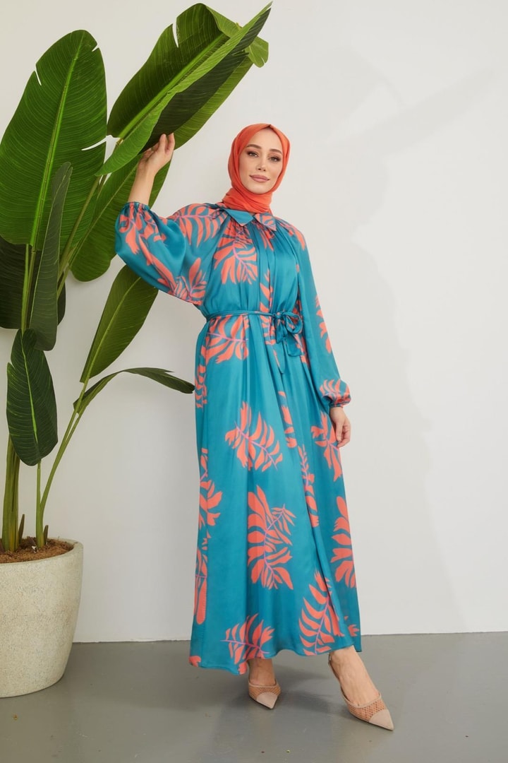 Laysa Desenli Saten Elbise - Petrol