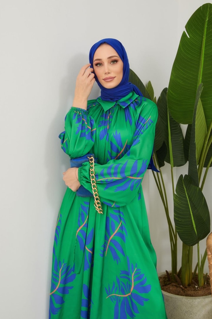 Laysa Desenli Saten Elbise - Yeşil
