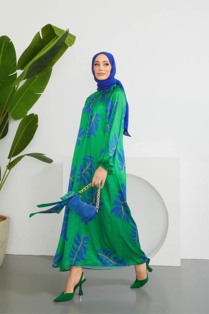 Laysa Desenli Saten Elbise - Yeşil