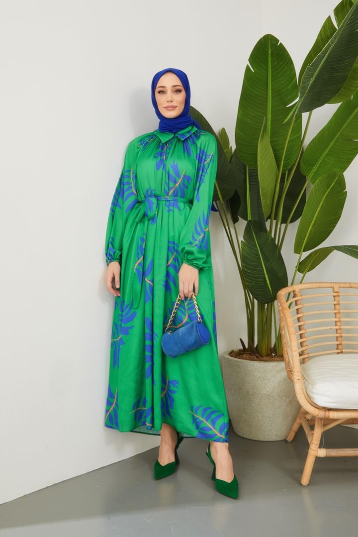 Laysa Desenli Saten Elbise - Yeşil