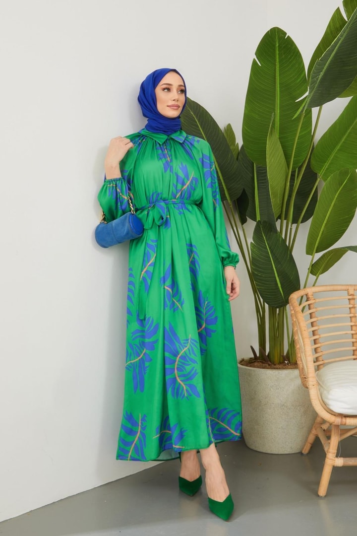 Laysa Desenli Saten Elbise - Yeşil