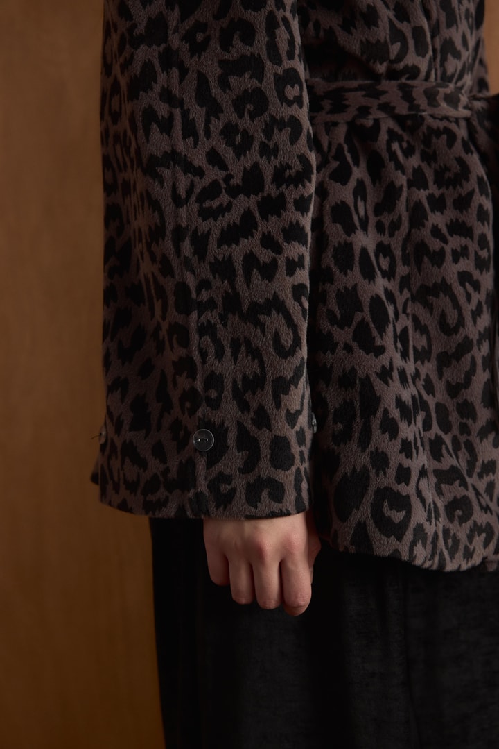 Leopar Desen Kolu Kürklü Kaşe Kaban - Kahve