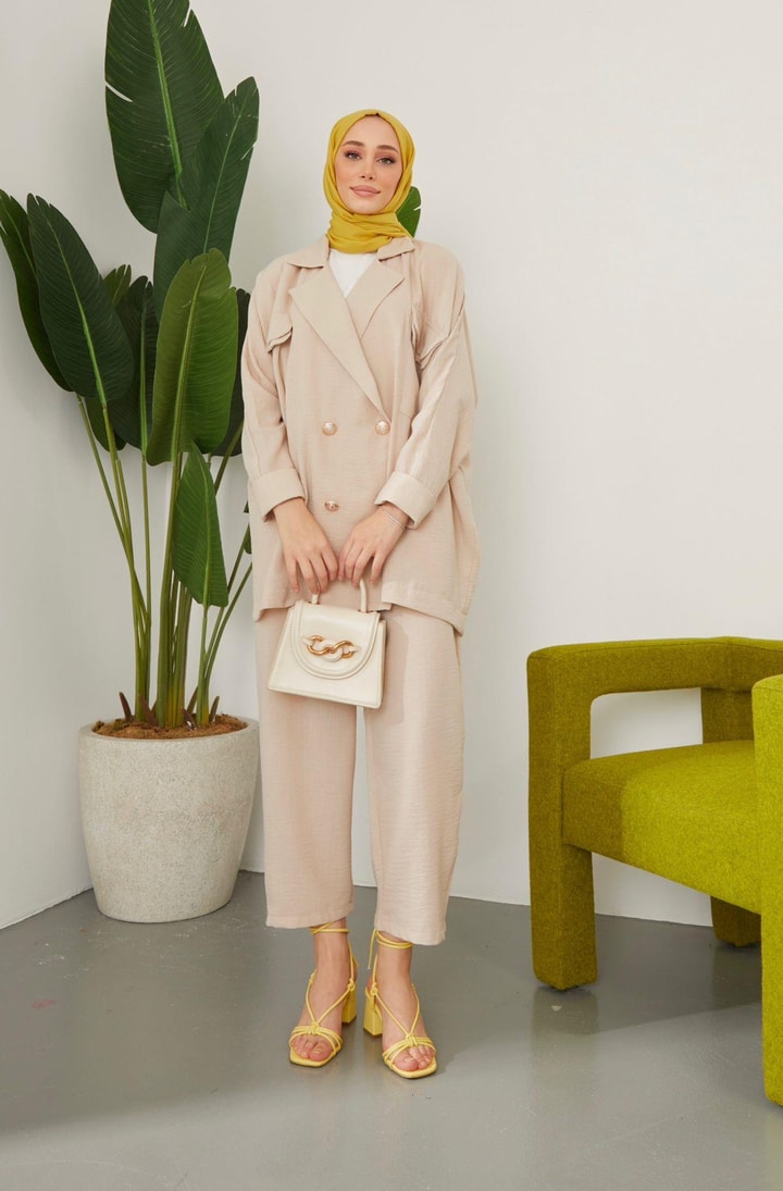 Lisa Oversize Keten Ceket Takım - Bej