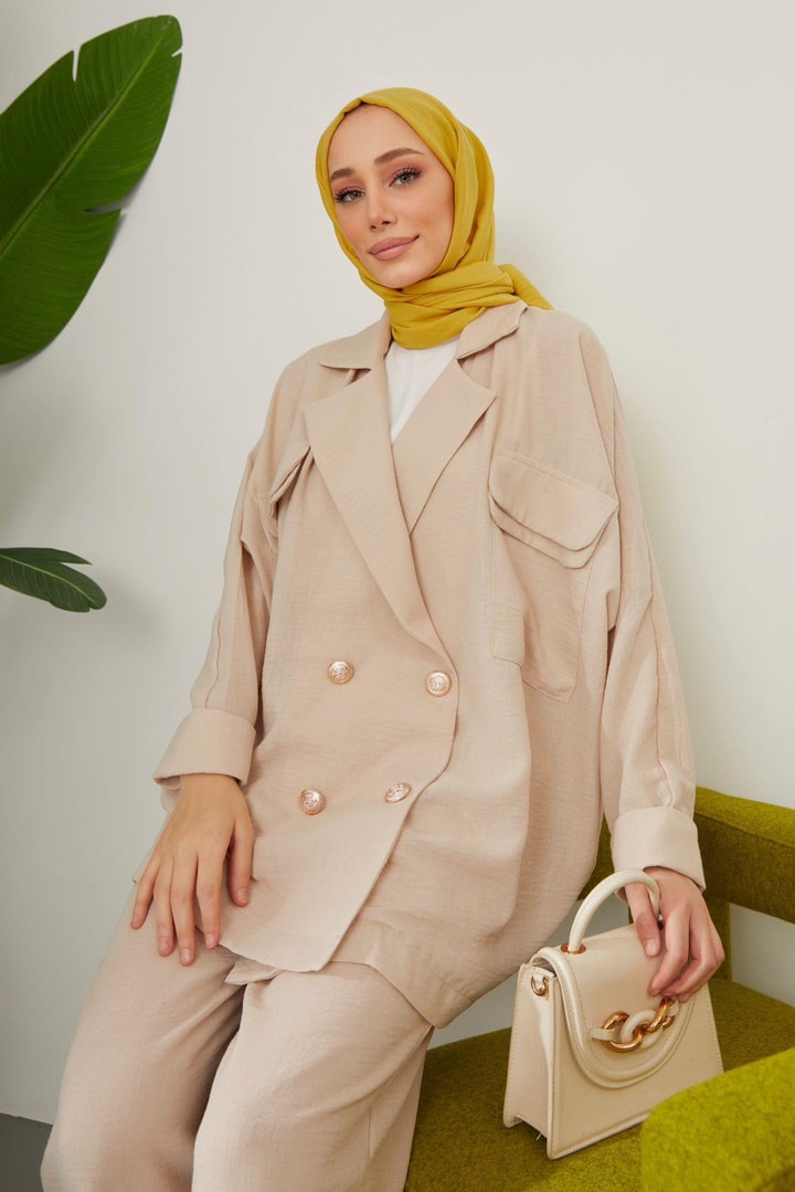 Lisa Oversize Keten Ceket Takım - Bej