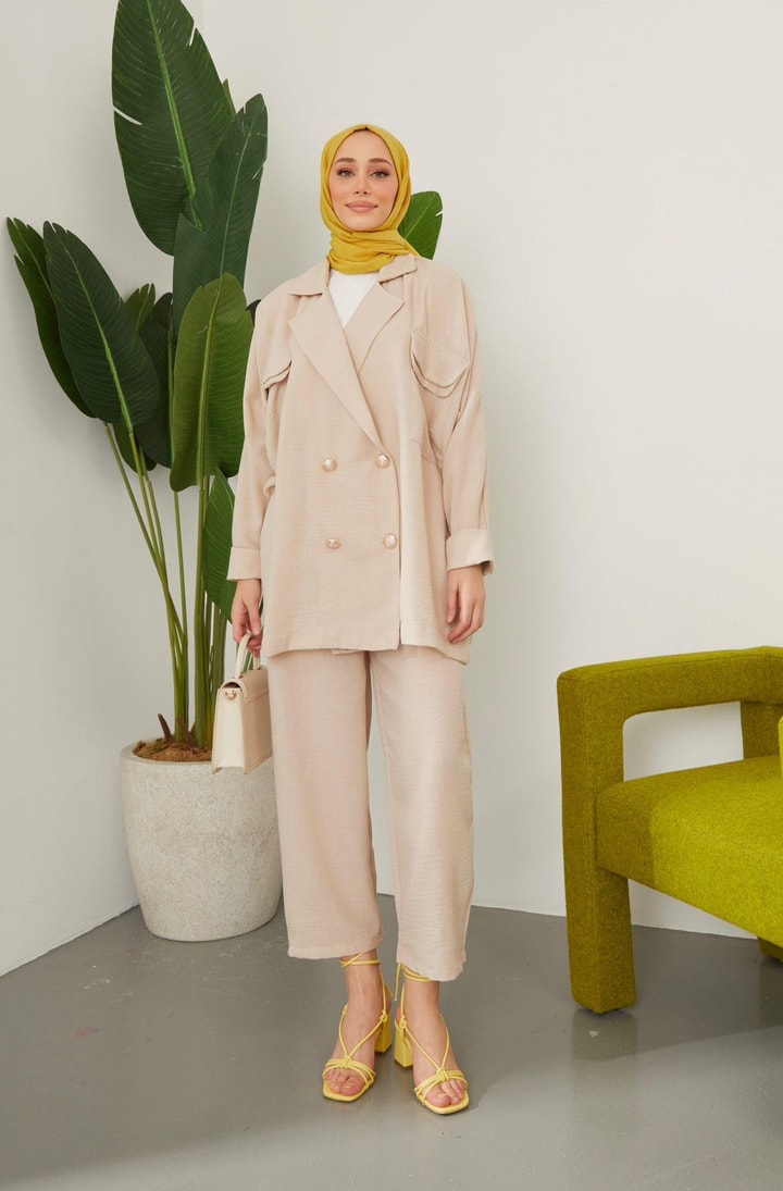 Lisa Oversize Keten Ceket Takım - Bej