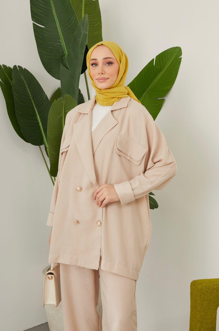 Lisa Oversize Keten Ceket Takım - Bej