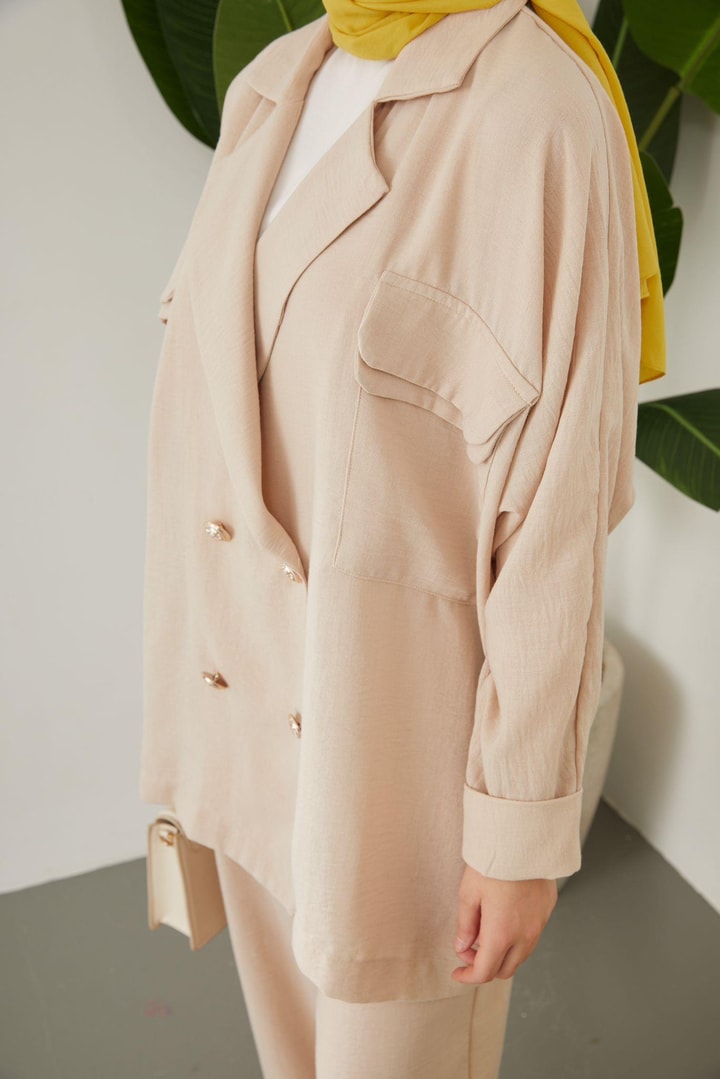 Lisa Oversize Keten Ceket Takım - Bej