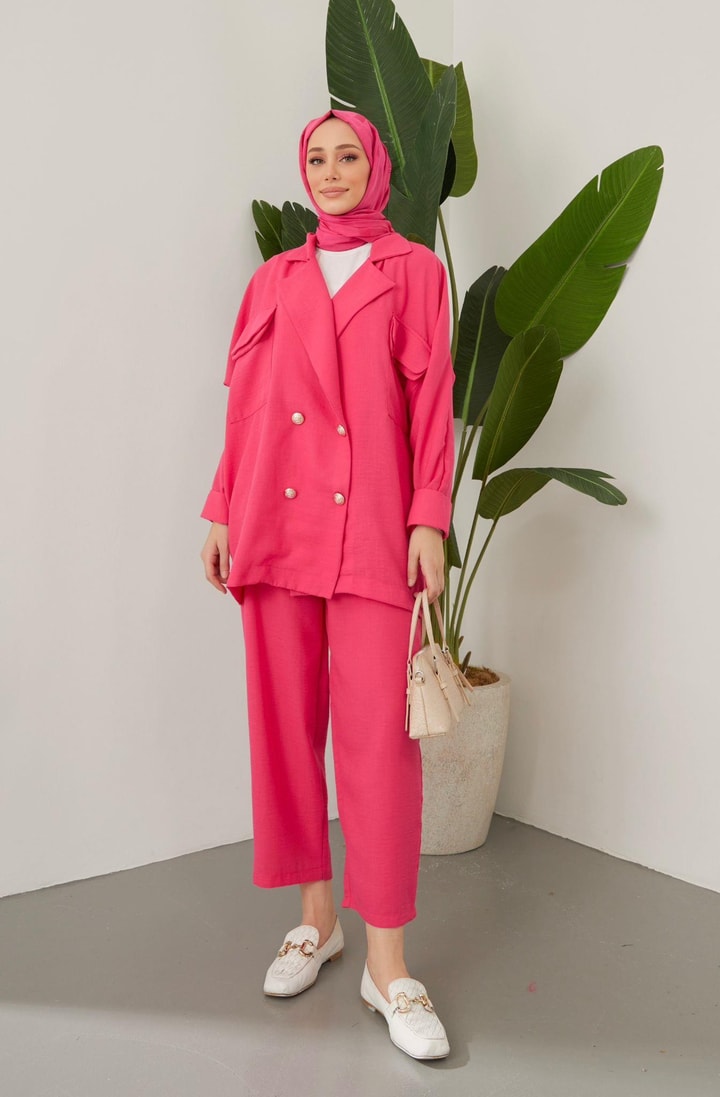 Lisa Oversize Keten Ceket Takım - Fuşya