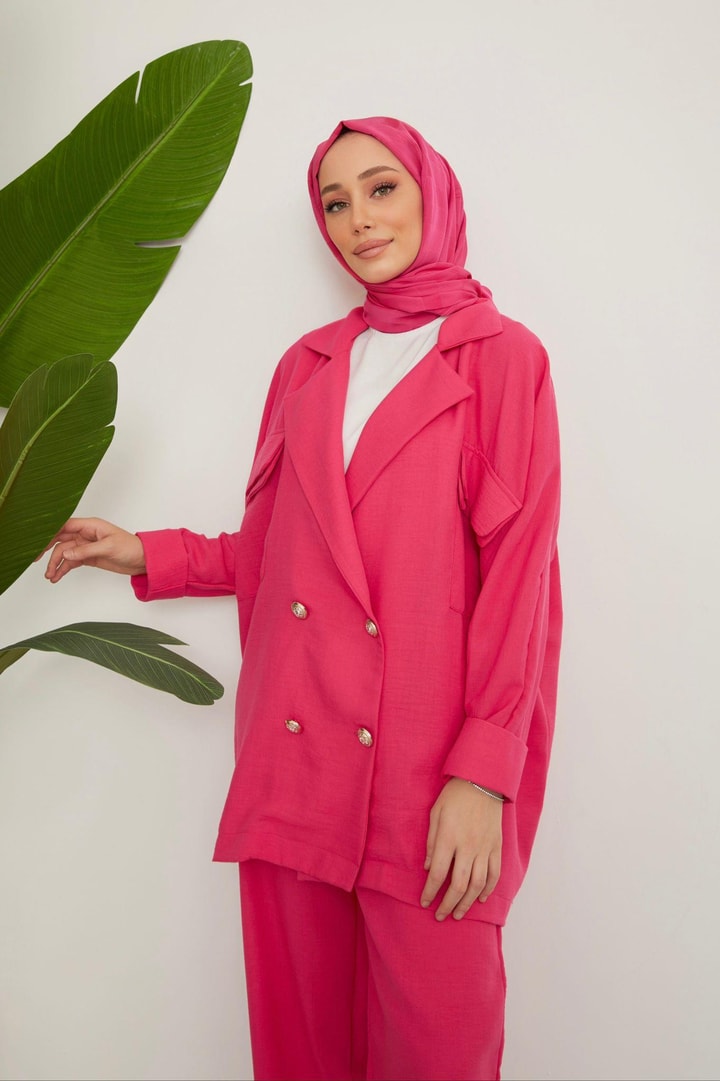Lisa Oversize Keten Ceket Takım - Fuşya