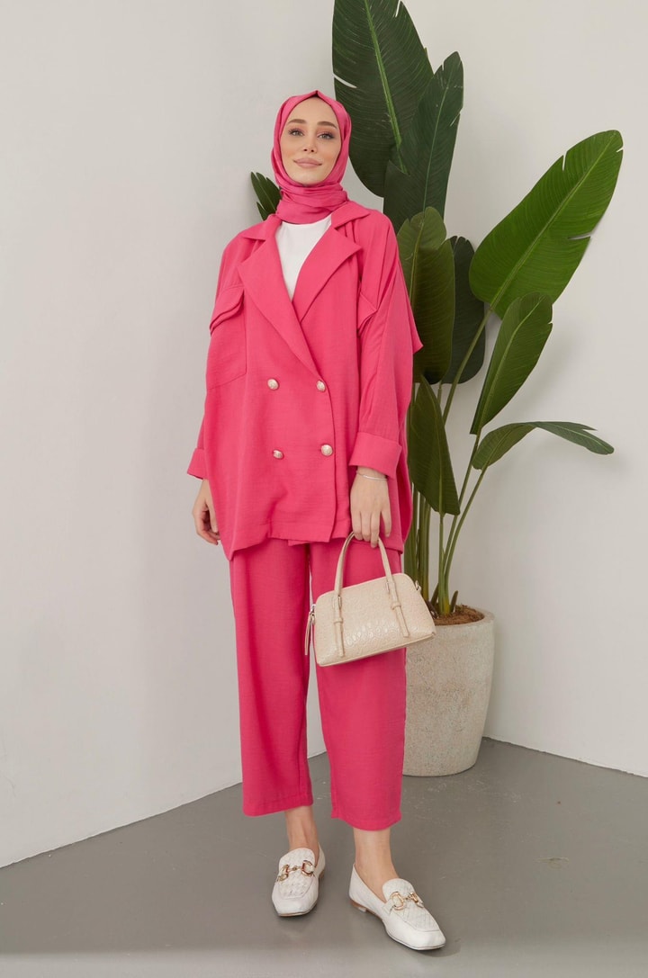 Lisa Oversize Keten Ceket Takım - Fuşya
