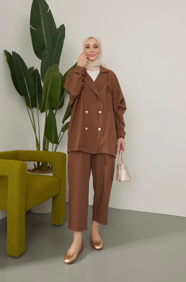 Lisa Oversize Keten Ceket Takım - Kahve