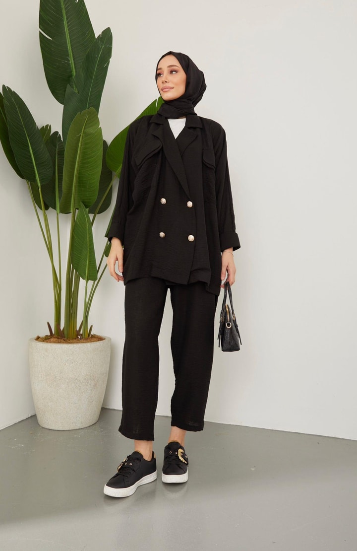 Lisa Oversize Keten Ceket Takım - Siyah