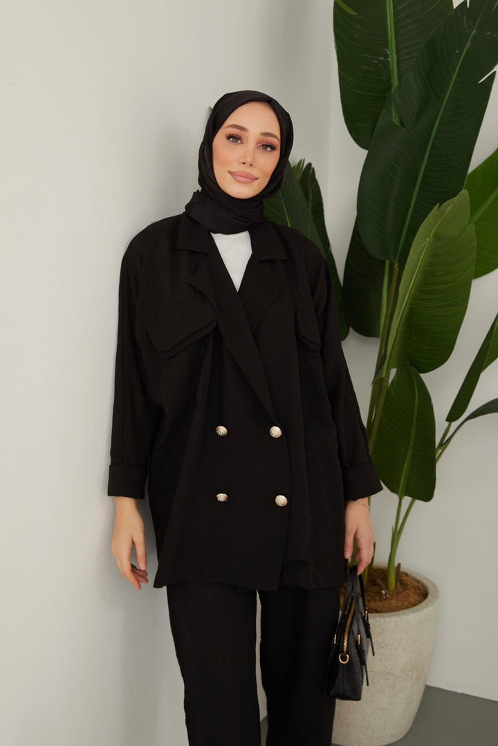 Lisa Oversize Keten Ceket Takım - Siyah