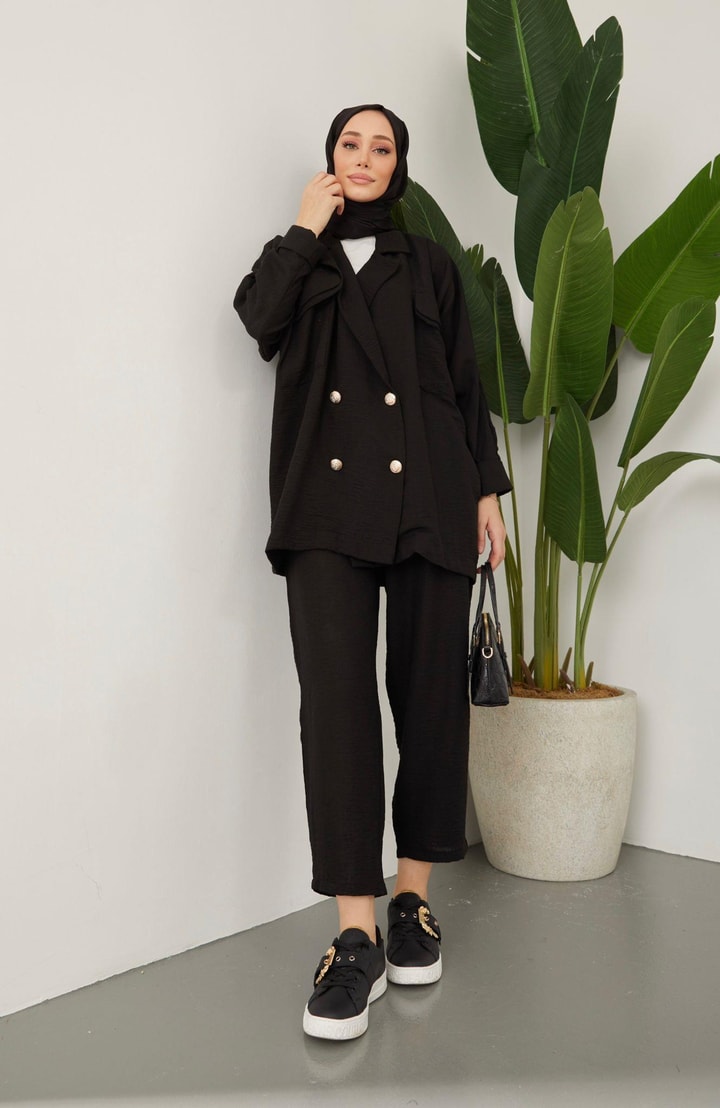 Lisa Oversize Keten Ceket Takım - Siyah