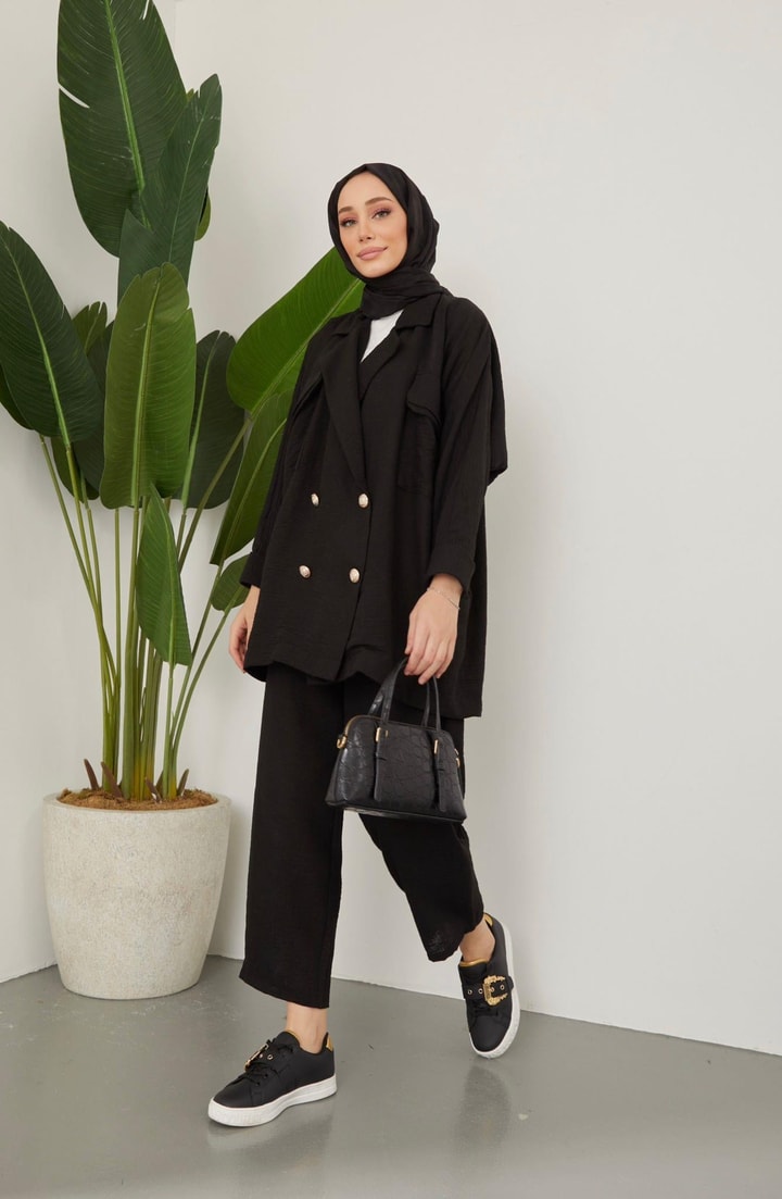 Lisa Oversize Keten Ceket Takım - Siyah