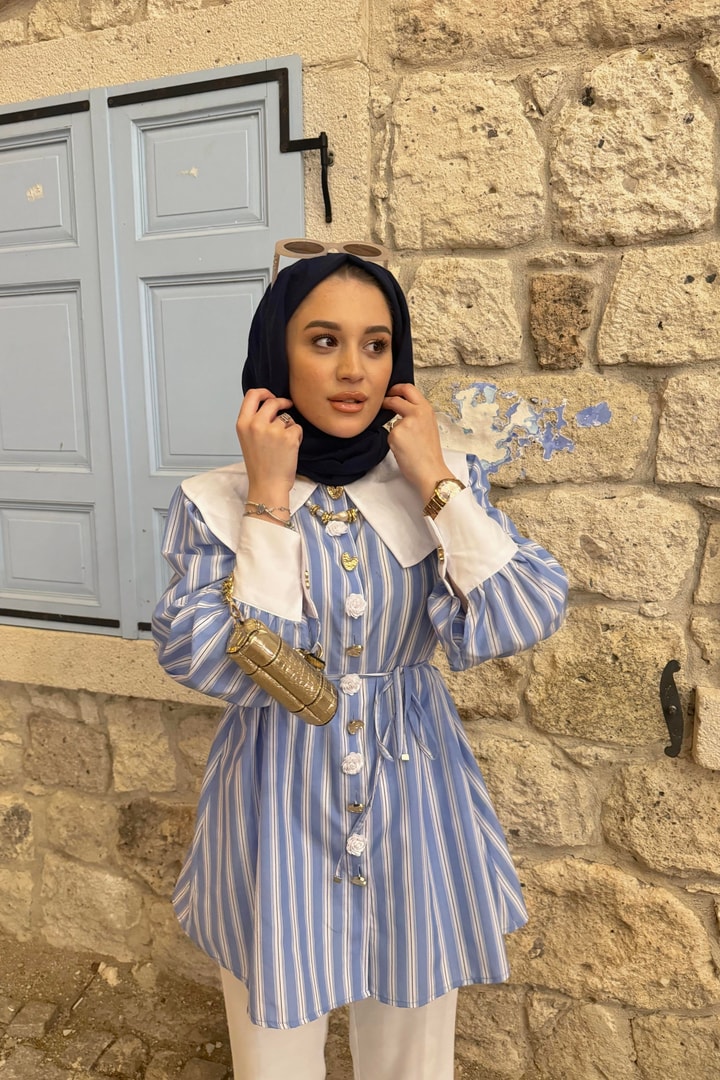 Liza Yaka Detayl Çizgikiı Poplin Gömlek - Çizgili Mavi