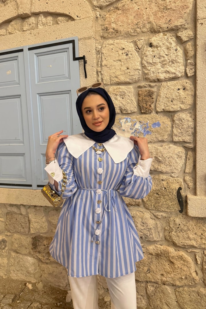 Liza Yaka Detayl Çizgikiı Poplin Gömlek - Çizgili Mavi