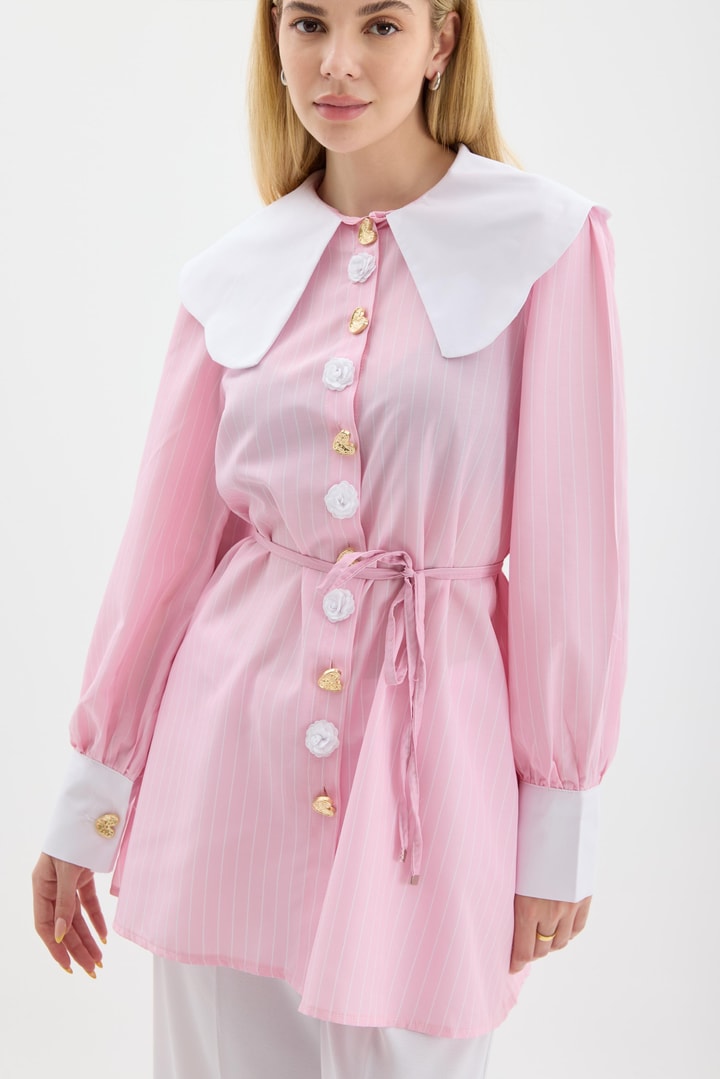 Liza Yaka Detaylı Çizgili Poplin Gömlek - Pembe