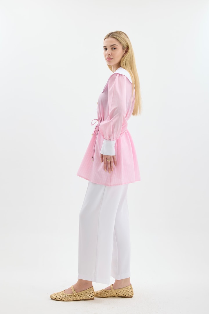 Liza Yaka Detaylı Çizgili Poplin Gömlek - Pembe
