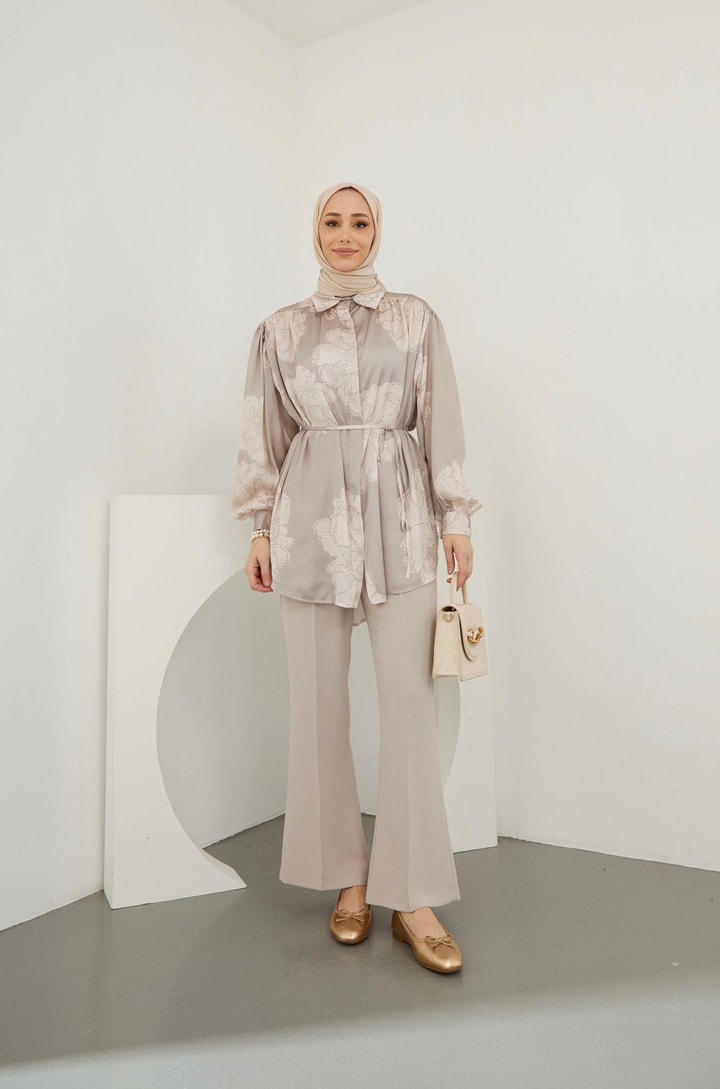 Lotus Saten Desenli Gömlek - Bej