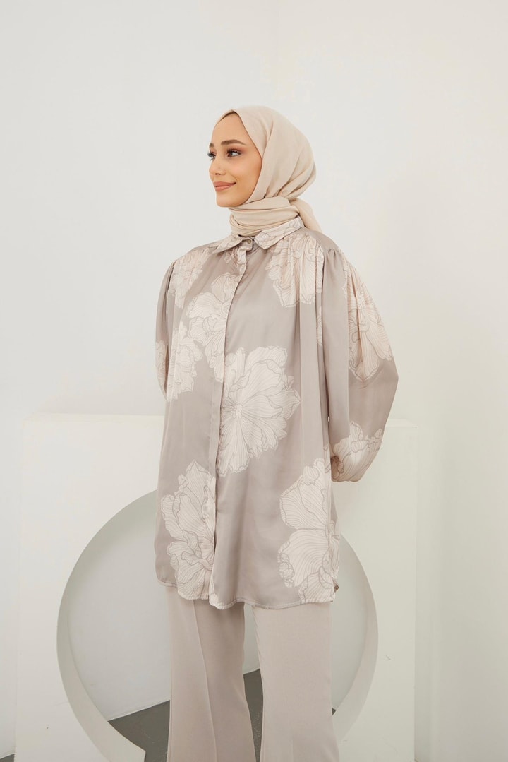 Lotus Saten Desenli Gömlek - Bej