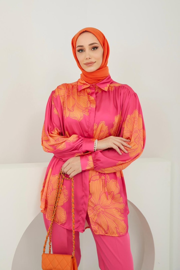 Lotus Saten Desenli Gömlek - Fuşya