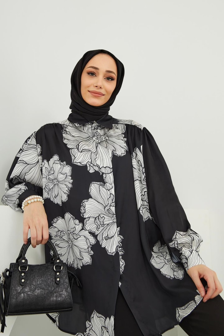 Lotus Saten Desenli Gömlek - Siyah